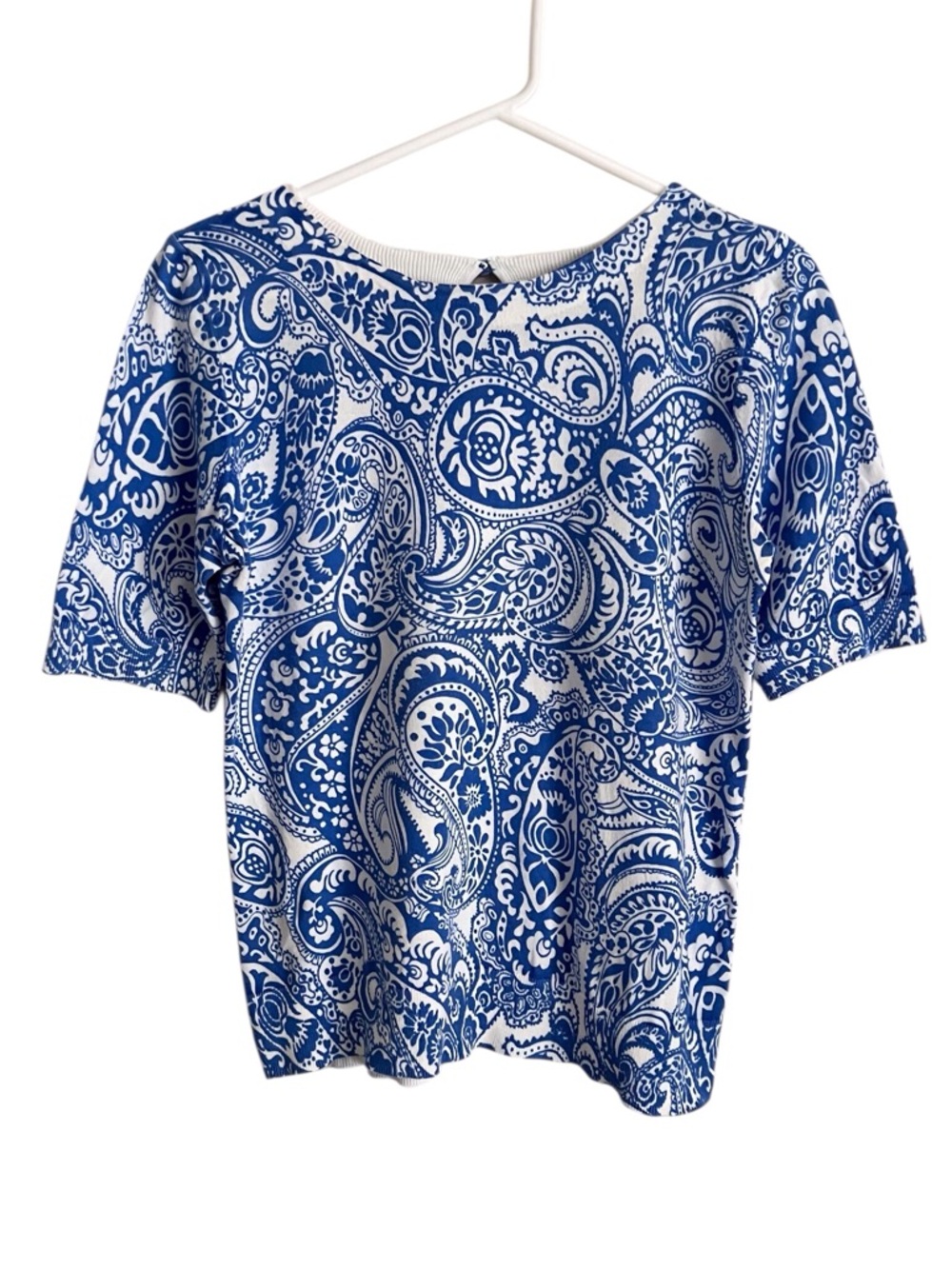 Talbots Short Sleeve Sweater Top Blue Paisley Print Preppy Classic Medium
